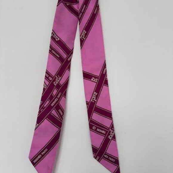 HERMES Silk Twilly Scarf. Buloc Logo Ribbon" Pink 33" L X 2" W - Picture 6 of 6